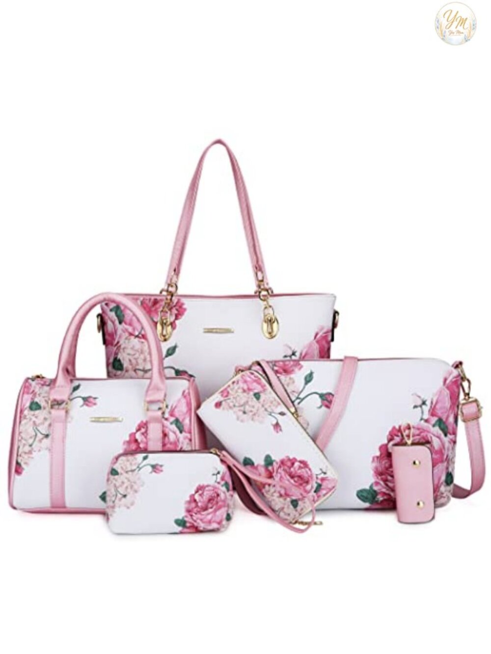 6pc Faux Leather Satchel Tote Crossbody Handbag Set with Clutch & Strap